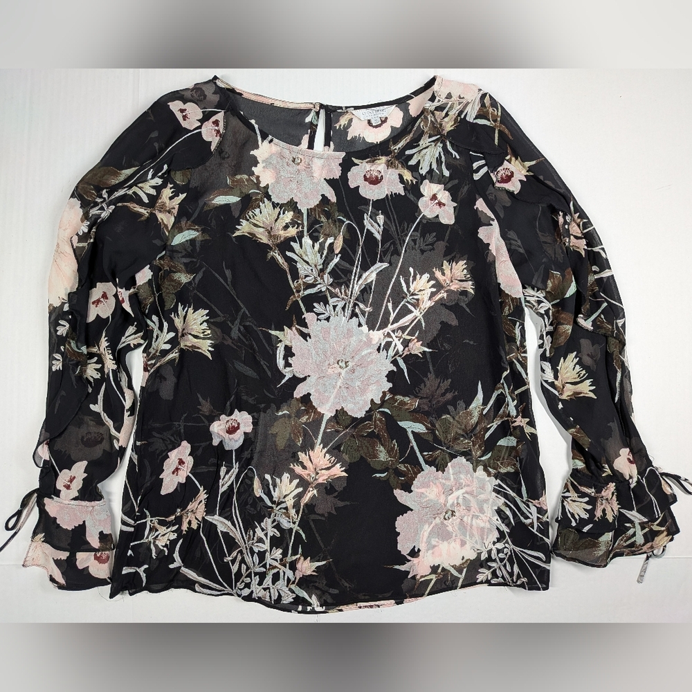 Lucky Brand Black Sheer Floral Print Tunic Top